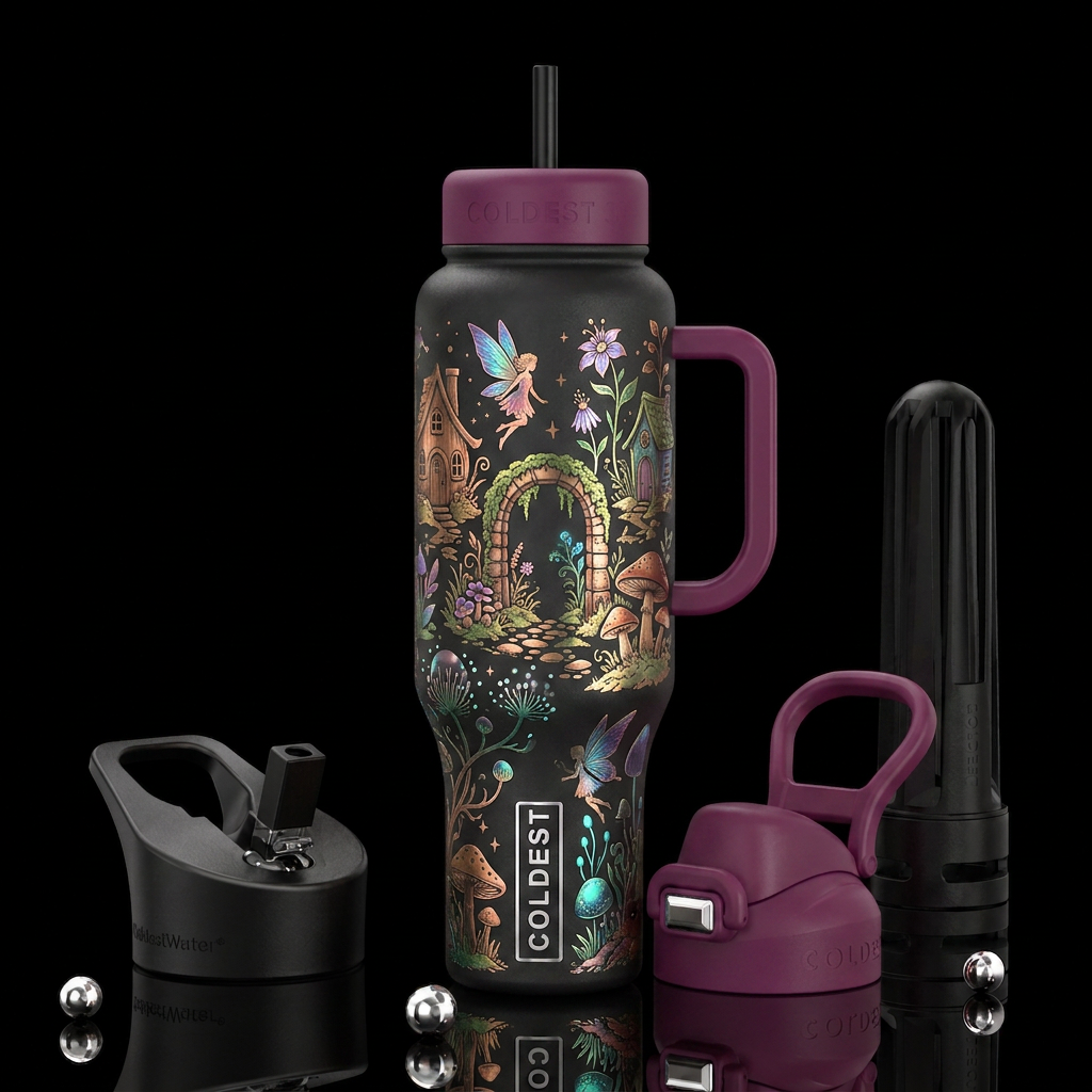 A metalic etching of a fairy garden show all sides water bottle design
