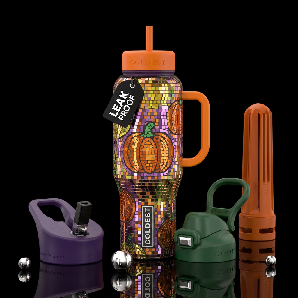 Disco ball mosaic pumpkin patch water bottle design