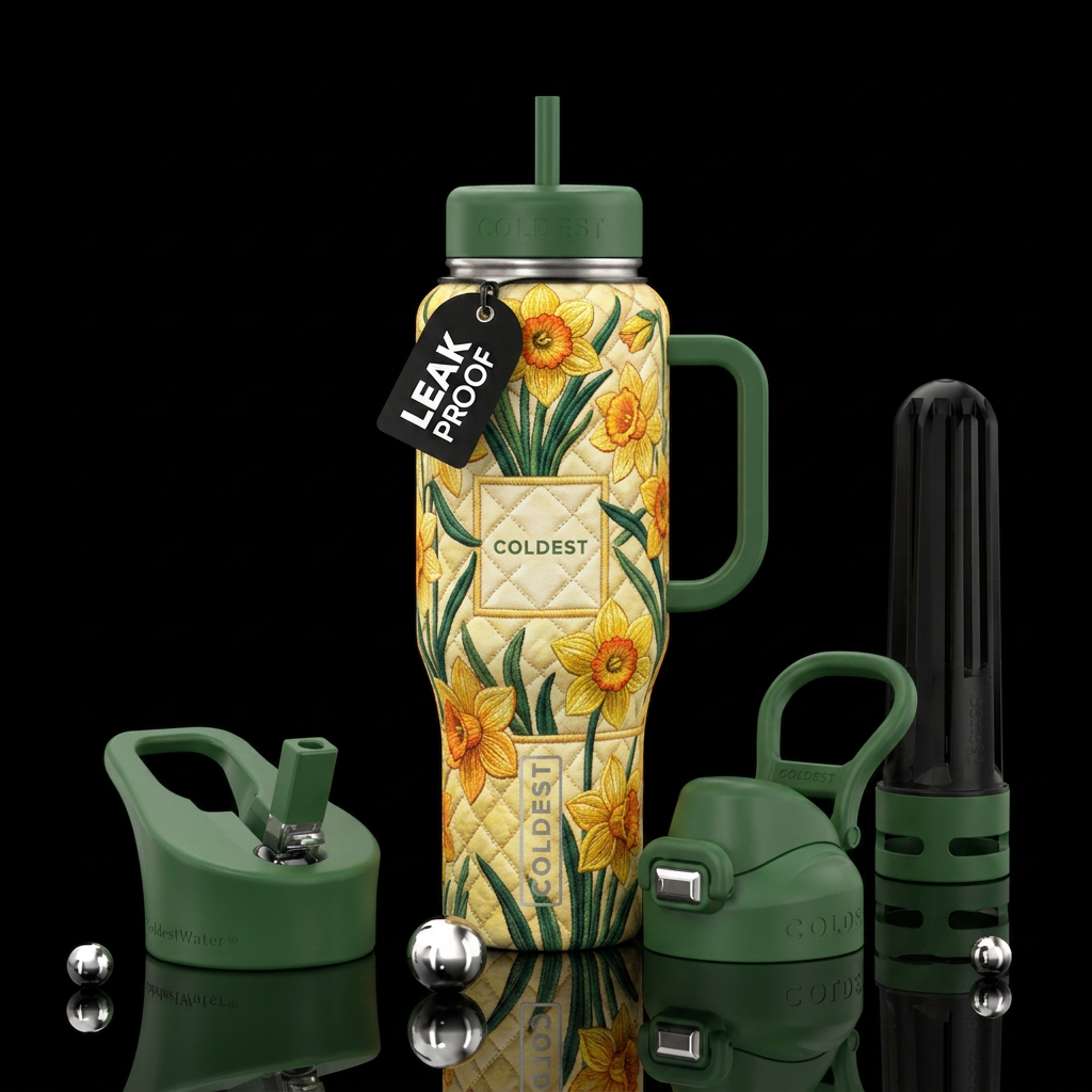 Embroidered Daffodils in quilt pattern water bottle design