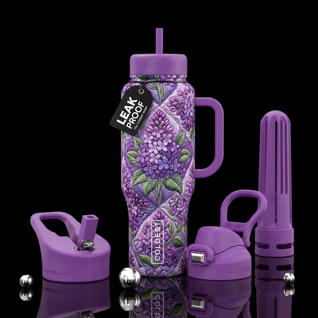 Embroidered lilacs in quilt pattern water bottle design