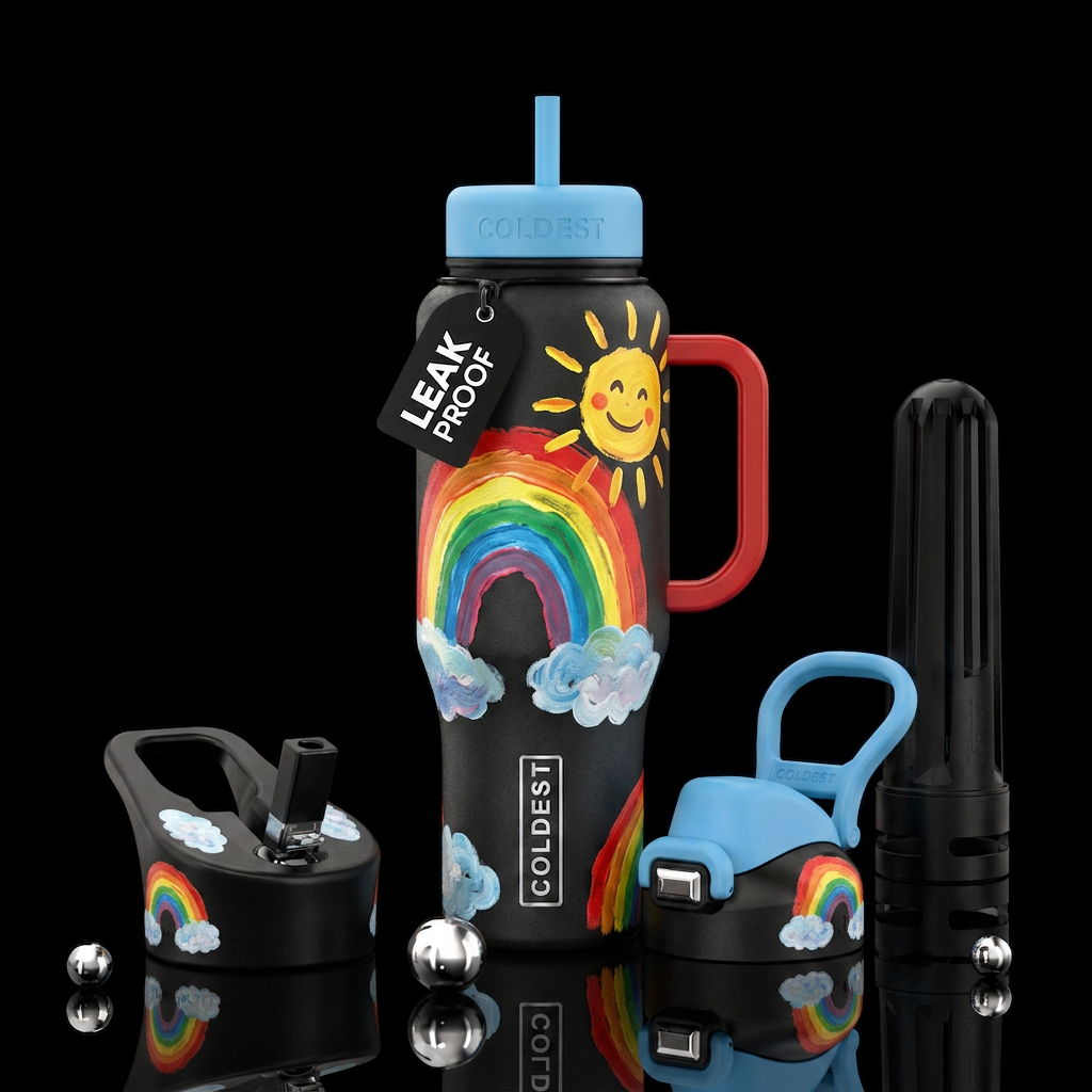 Finger painting rainbow and sunshine water bottle design