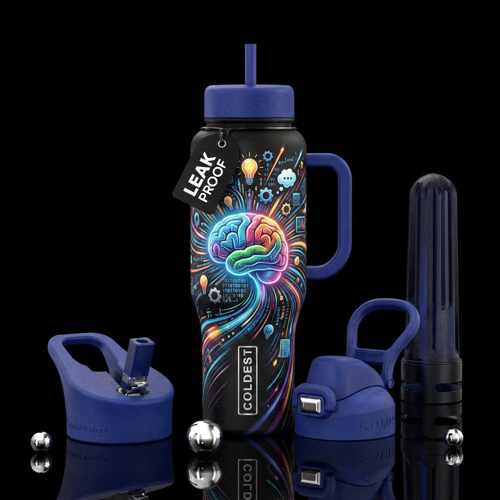 Ideas pouring out of a brain water bottle design