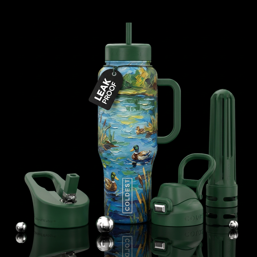 Finger painting lake with ducks water bottle design