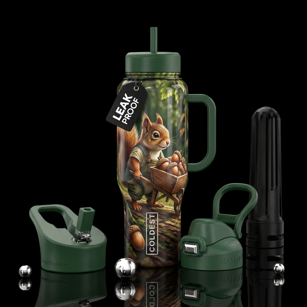 Anthropomorphic squirrel pushing acorns in a wheel... water bottle design
