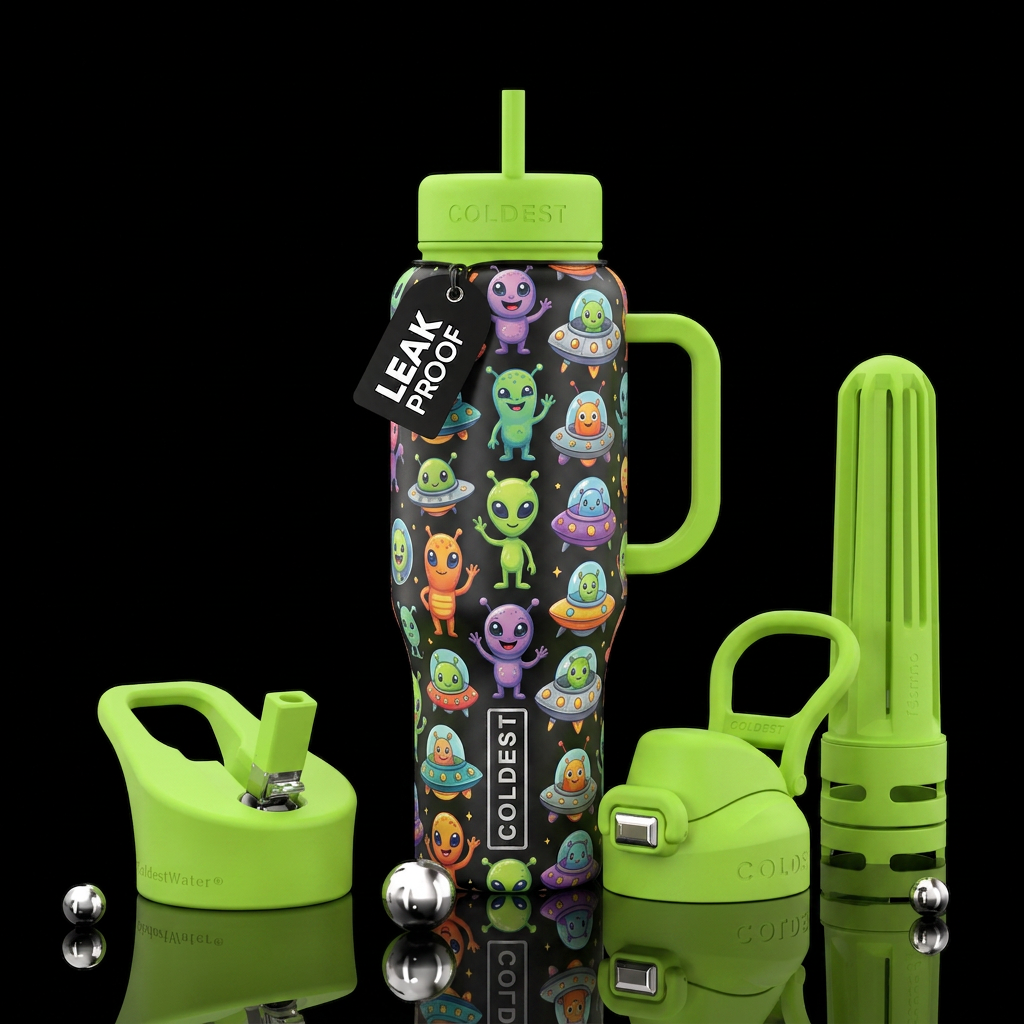 Happy aliens water bottle design