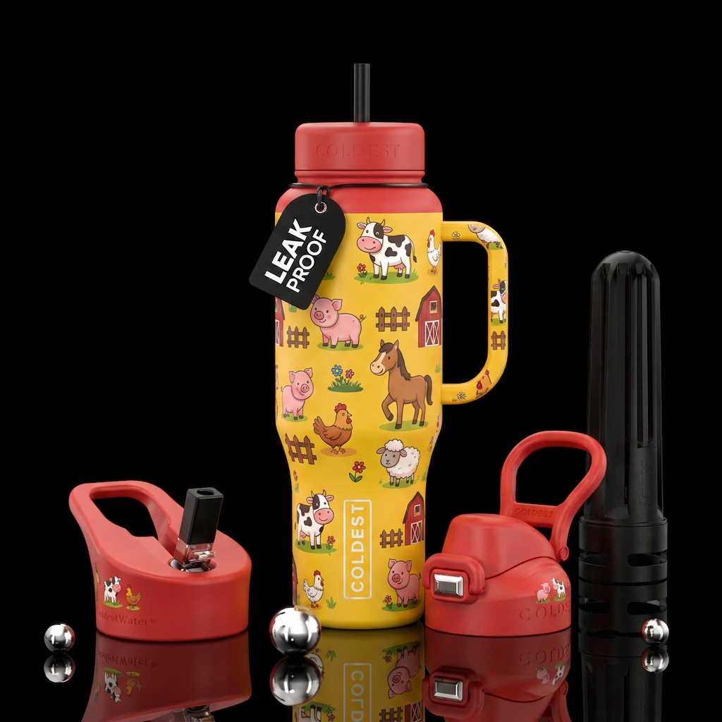 Happy barn animals water bottle design