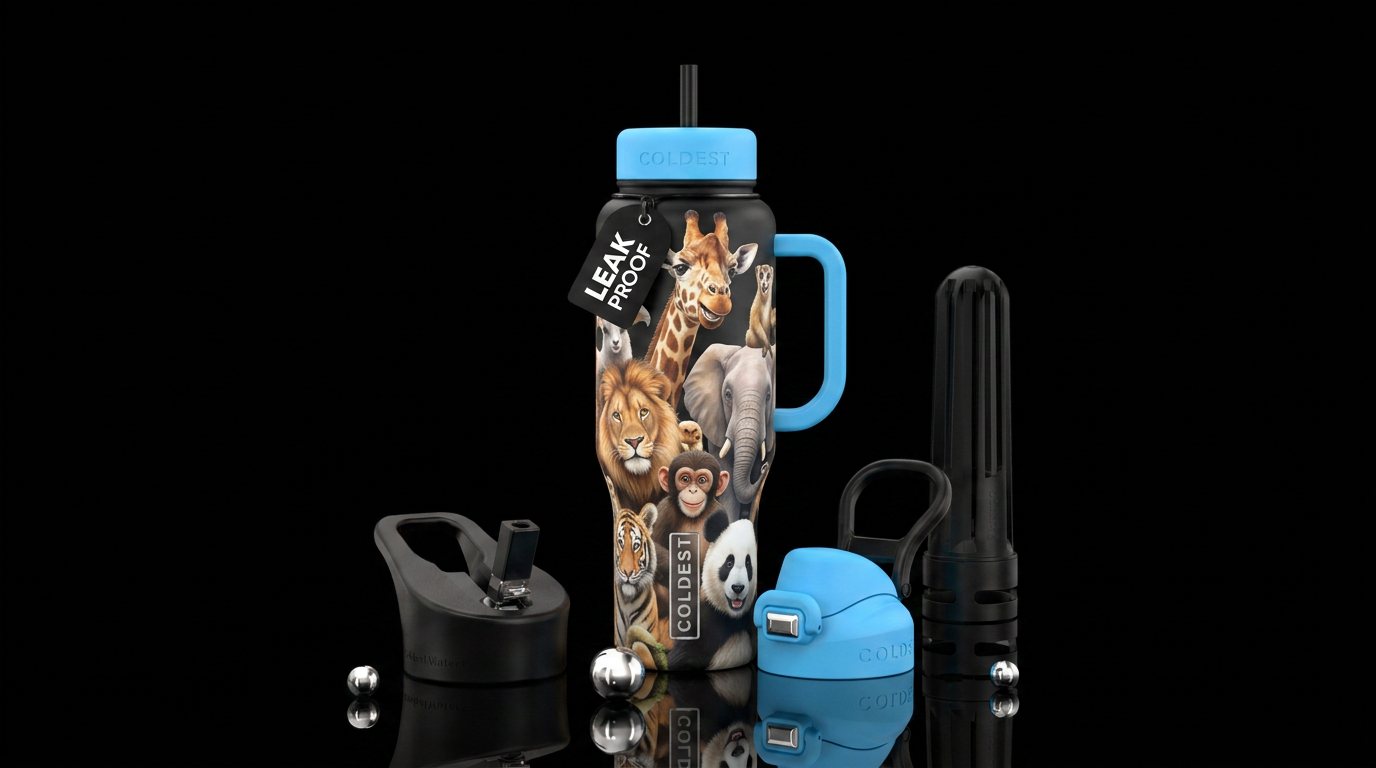 Happy zoo animals water bottle design
