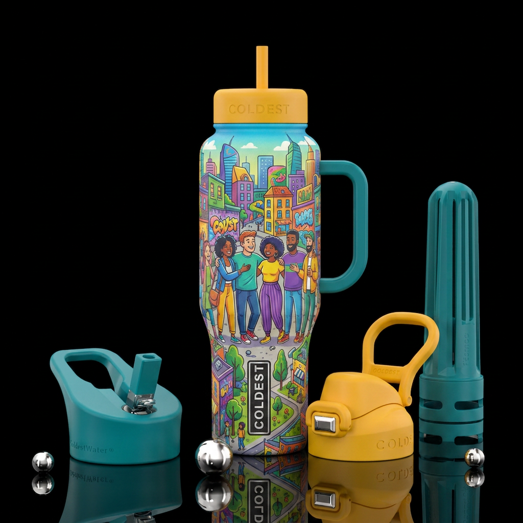 Happy city friends water bottle design