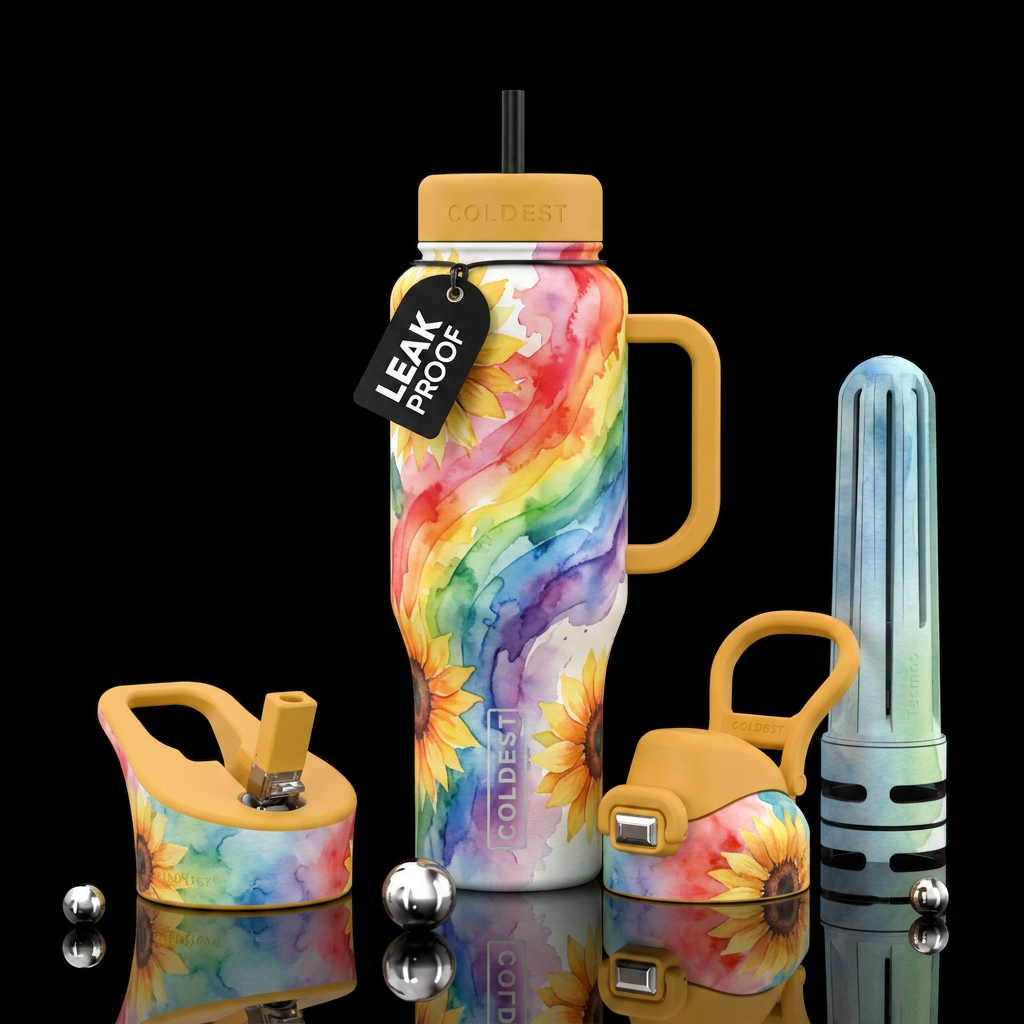 Abstract water color rainbow over sunflowers water bottle design
