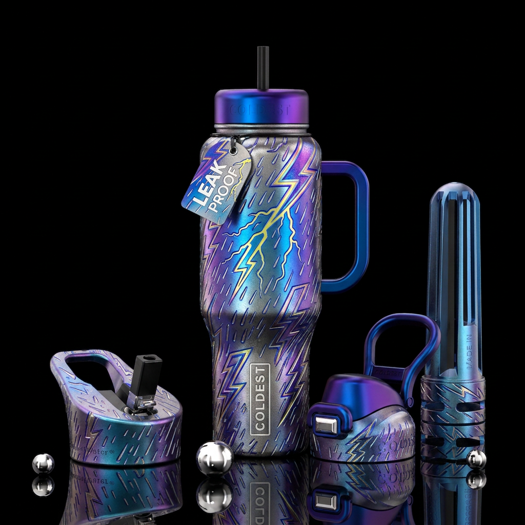 Metalic etched lightening and rain water bottle design