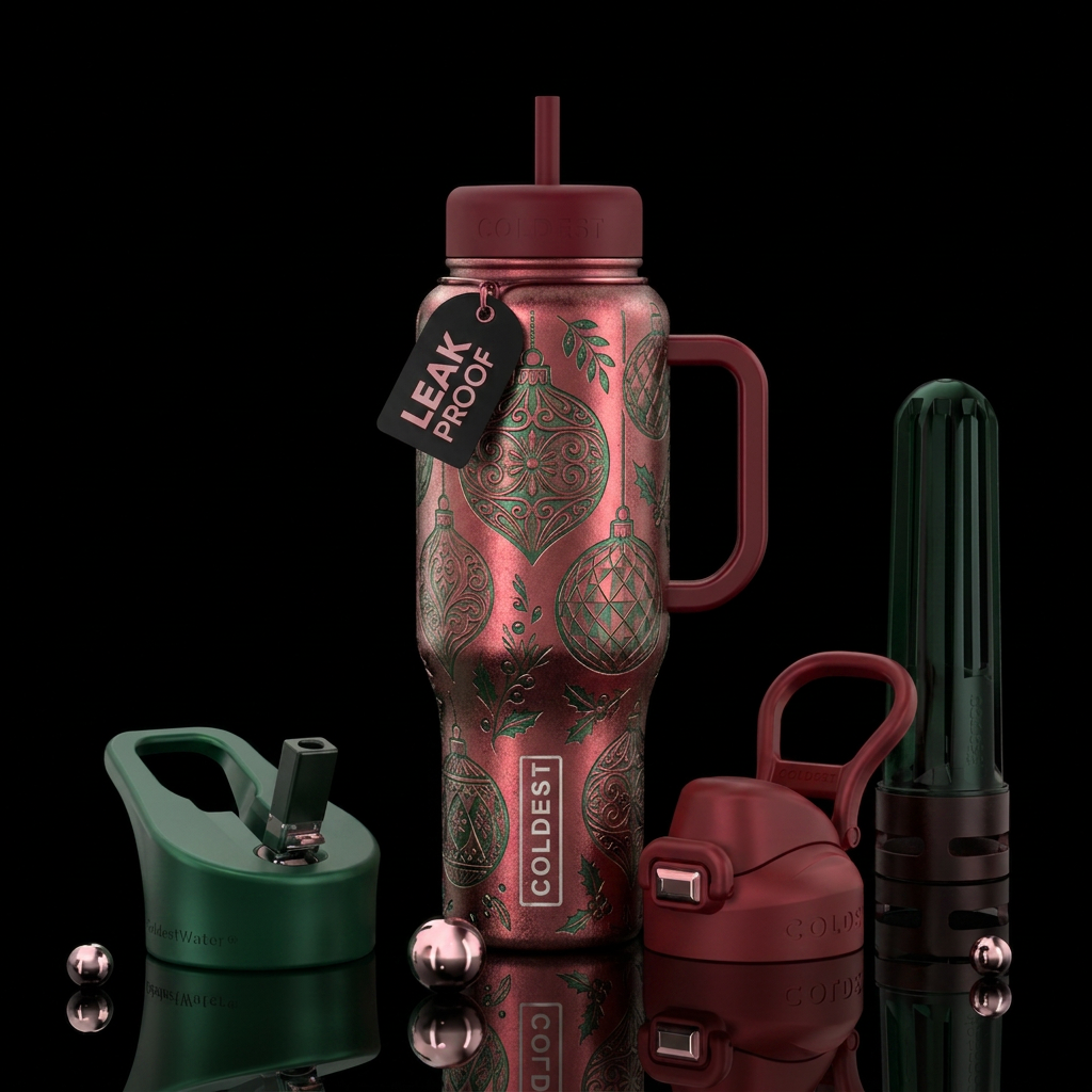 Metalic etched garnet and emerald glass ornaments water bottle design