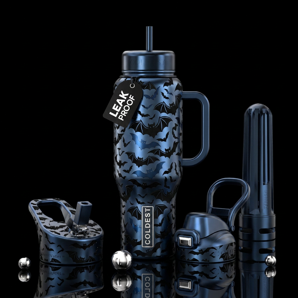 Metalic etched black dark blue Halloween bats water bottle design