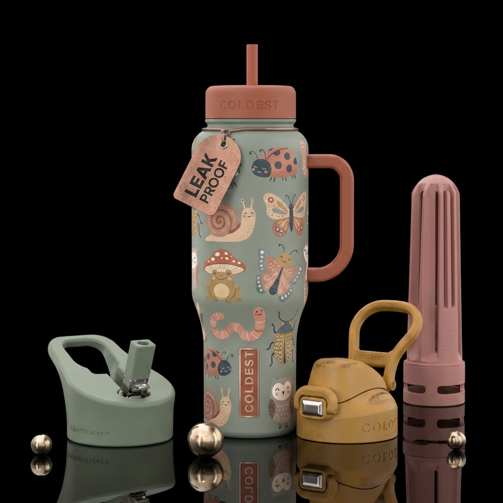 Matte textured happy muted tones garden creatures water bottle design