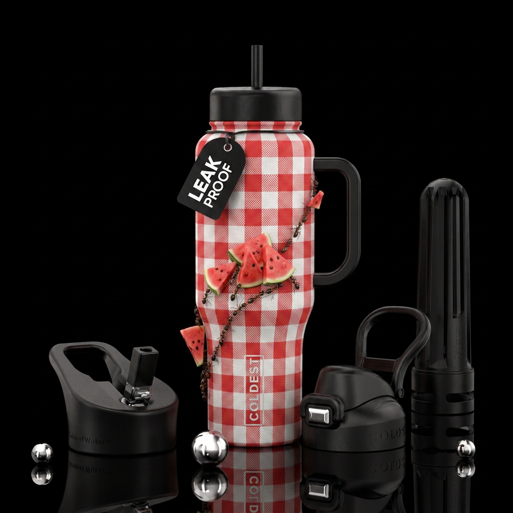 Picnic table with checkered table cloth ants carry... water bottle design