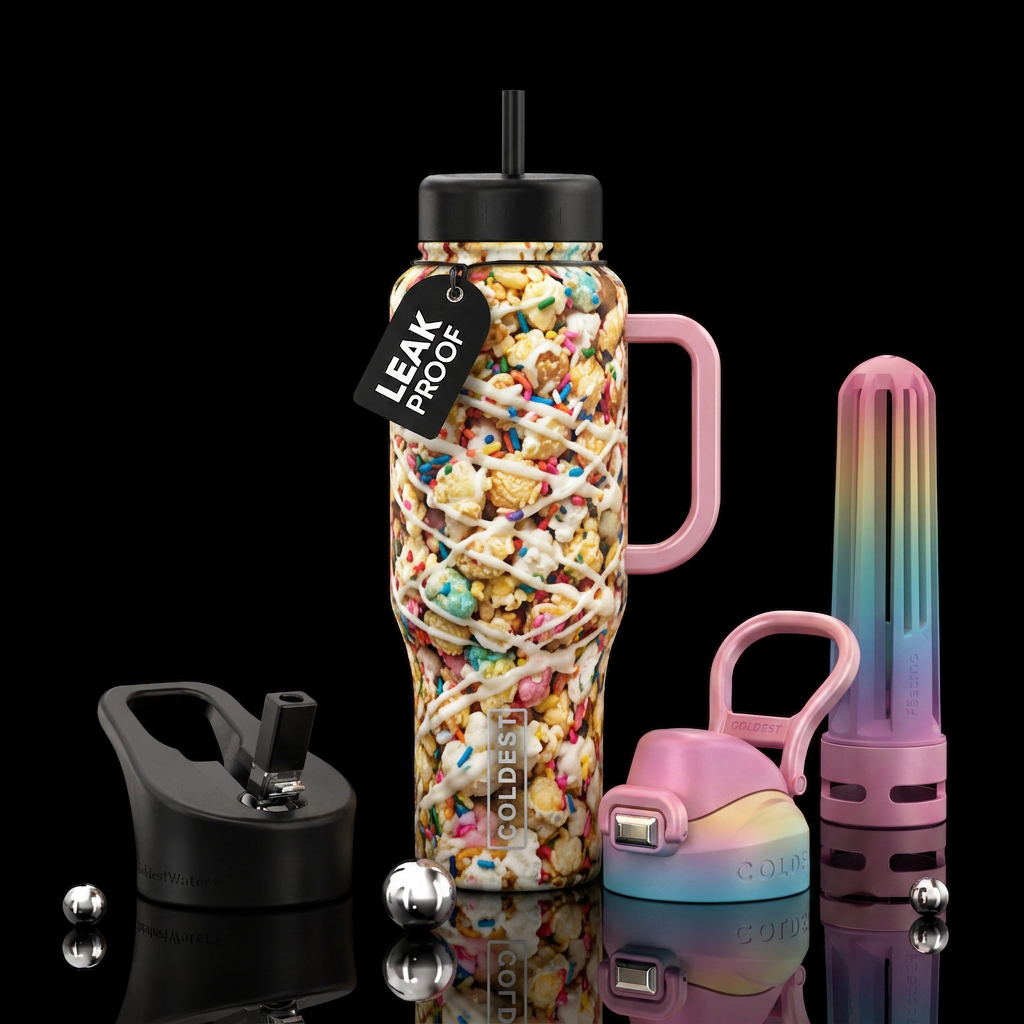 Birthday cake kettle corn water bottle design