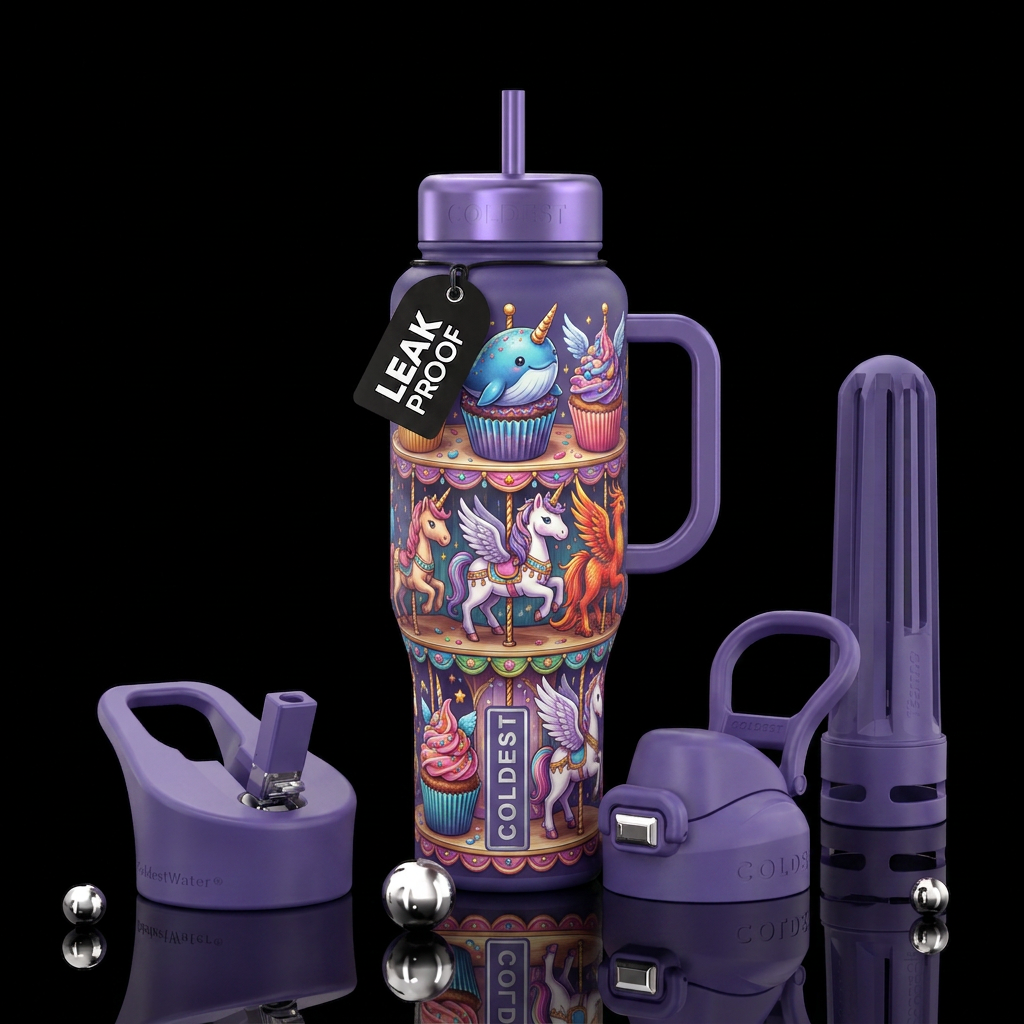 Cupcakes decorated by magical creatures as carouse... water bottle design