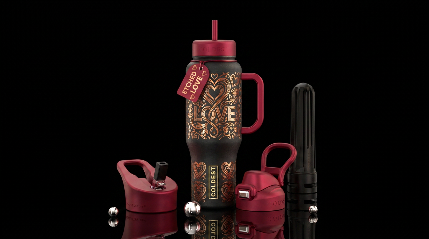 Metalic etched abstract representation of love water bottle design