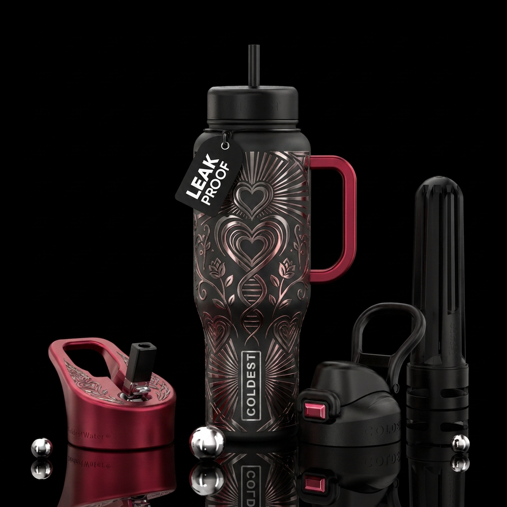 Metalic etched abstract representation of love water bottle design
