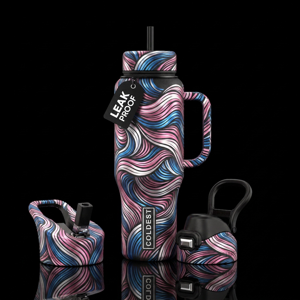Pink white blue metalic waves water bottle design