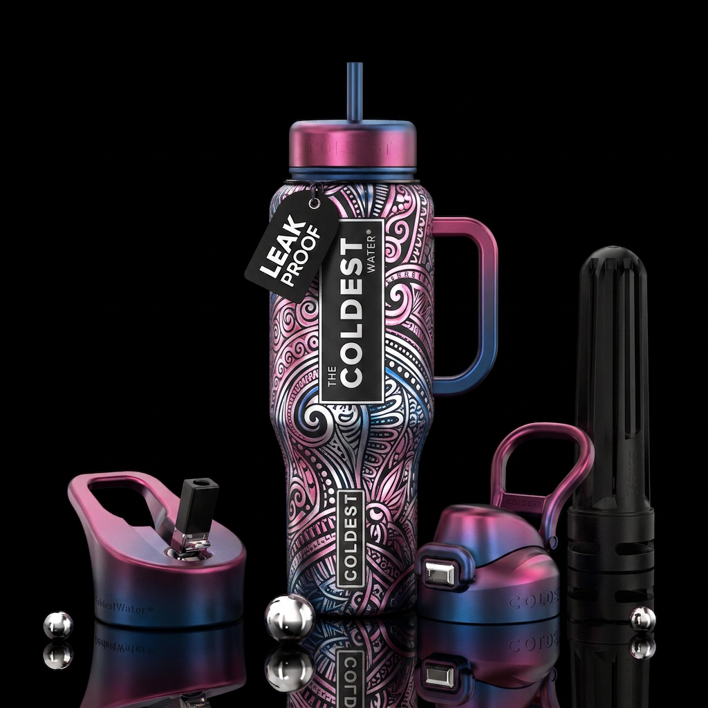 Pink white blue metalic zentangle water bottle design