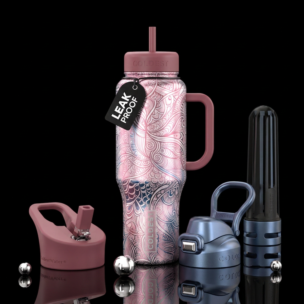 Pink white blue metalic zentangle textured water bottle design