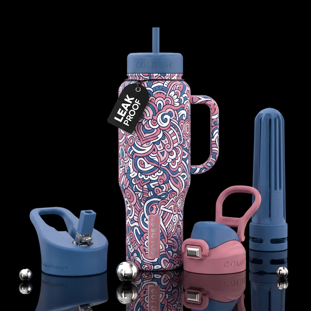 Pink white blue matte zentangle textured water bottle design