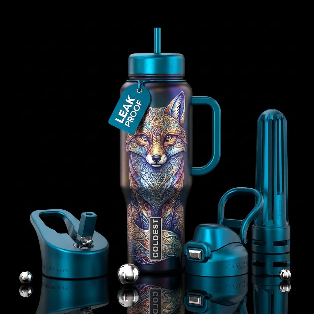 Metalic zentangle fox water bottle design