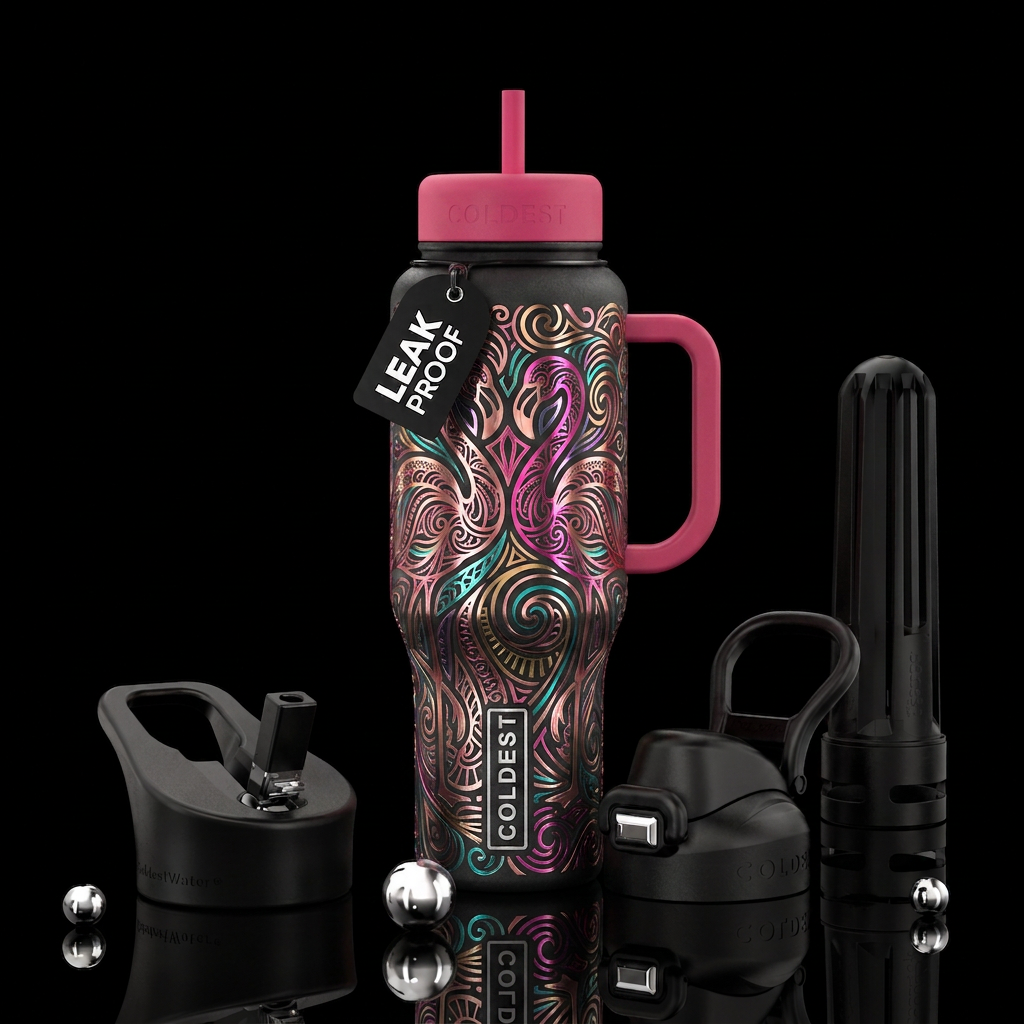 Metalic zentangle flamongos water bottle design