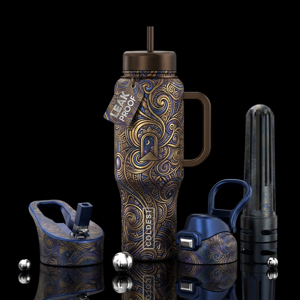 Metalic zentangle doors to the universe water bottle design
