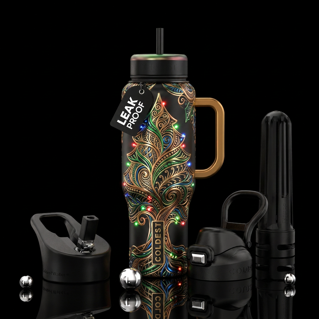 Metalic zentangle christmas tree with lights water bottle design