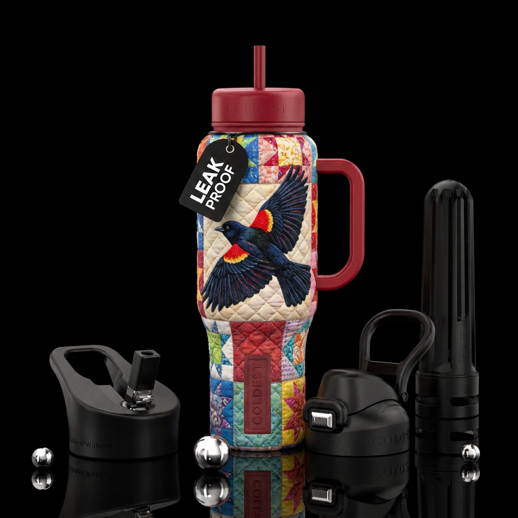 Embroidered red wing black bird in a quilt pattern water bottle design