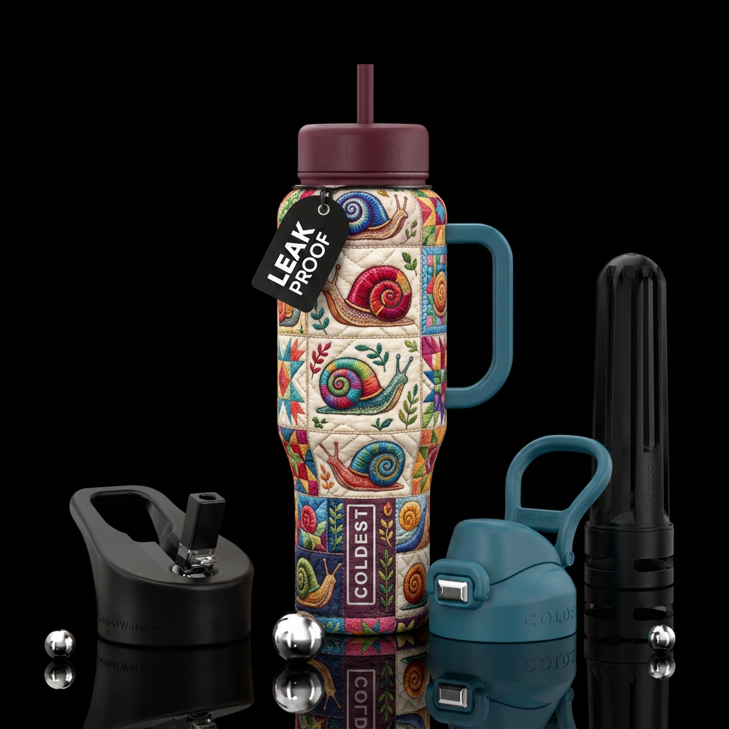 Embroidesnails in a quilt pattern water bottle design