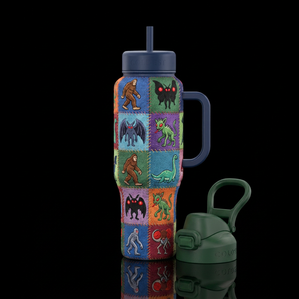 Embroidered cryptids in a quilt pattern water bottle design