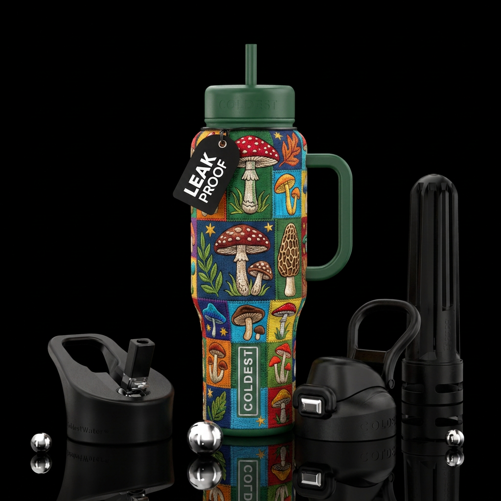 Embroidered mushrooms in a quilt pattern water bottle design