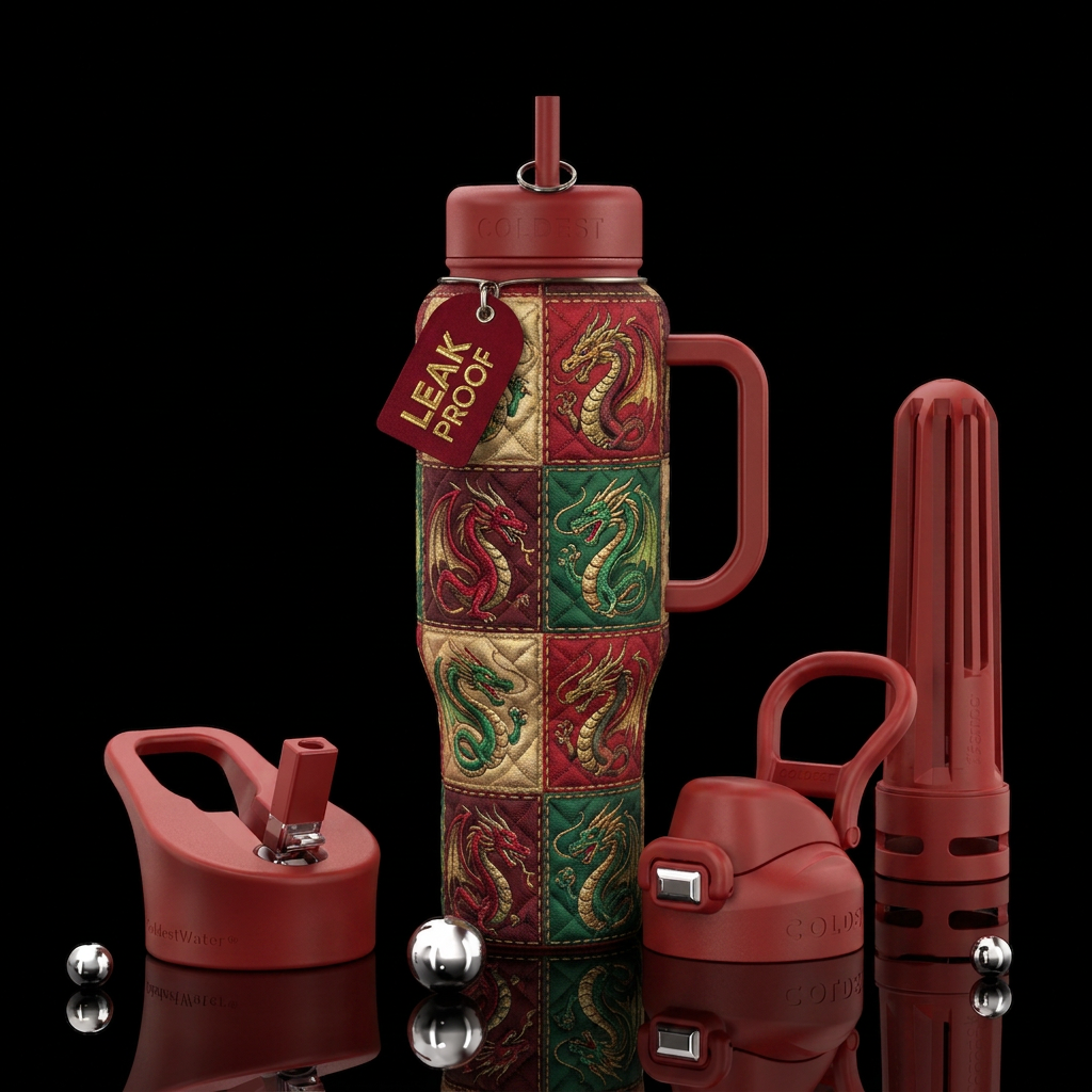 Embroidered dragons in a quilt pattern water bottle design