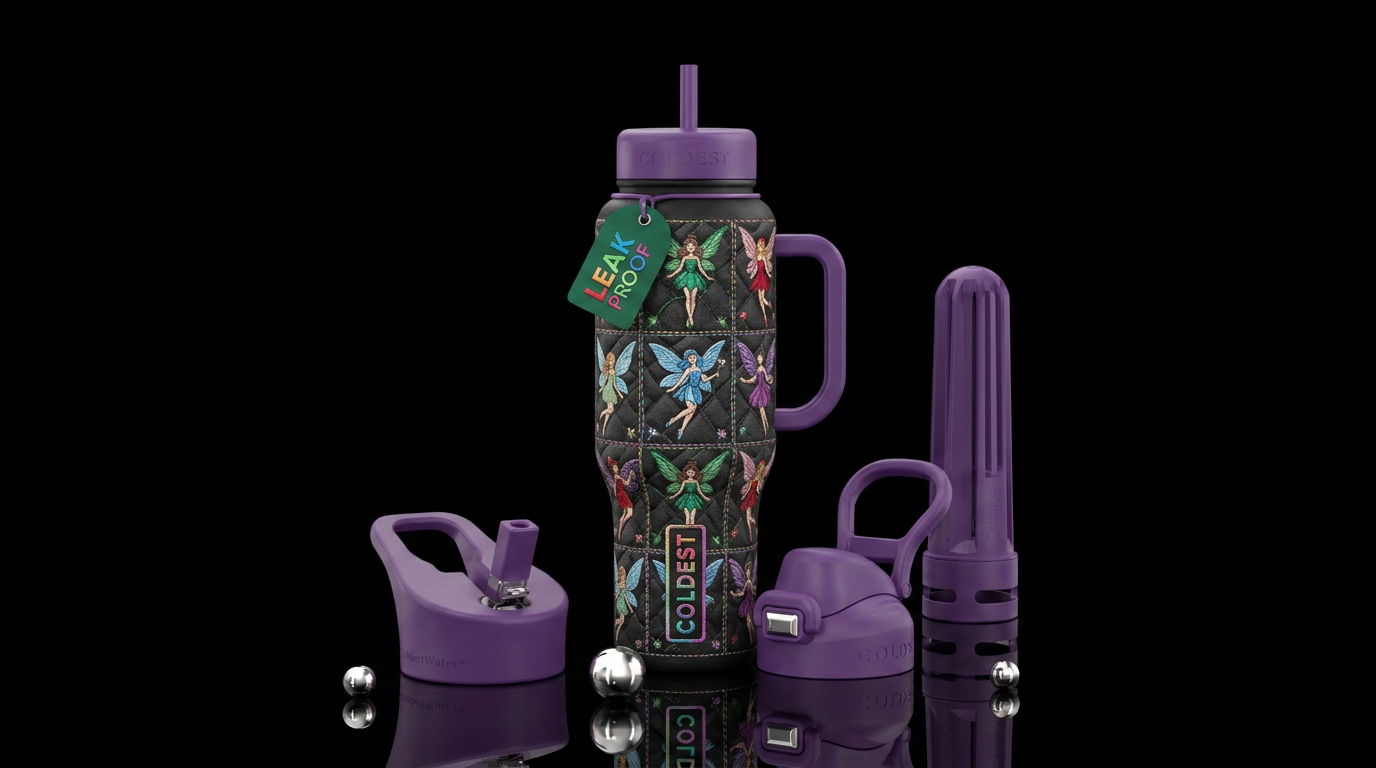 Embroidered fairies in a quilt pattern water bottle design