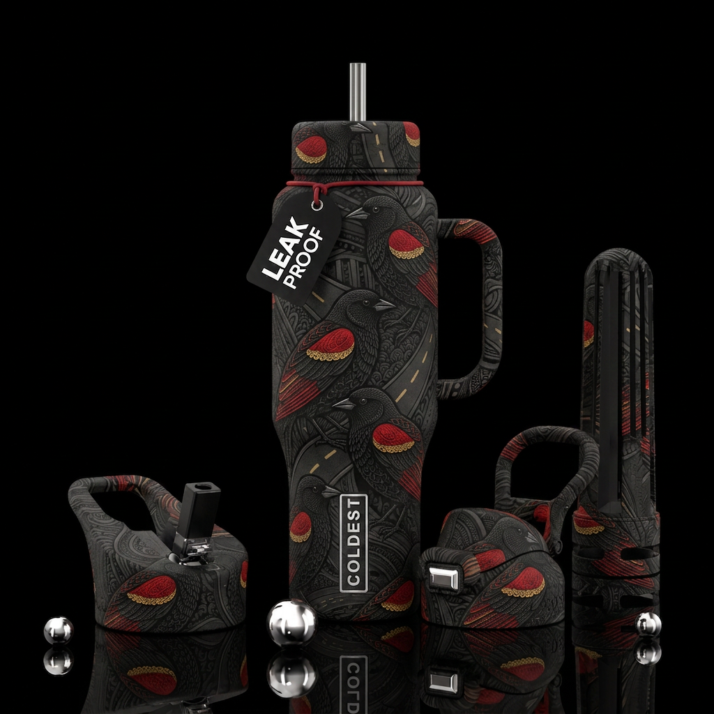 Zentangle matte textured red wing blackbirds along... water bottle design