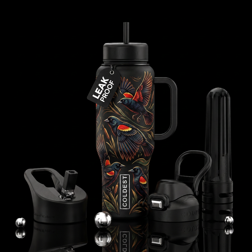 Hand drawn looking red winged blackbird water bottle design