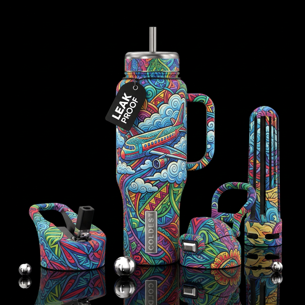 Zentangle flat matte tones airplane flying water bottle design
