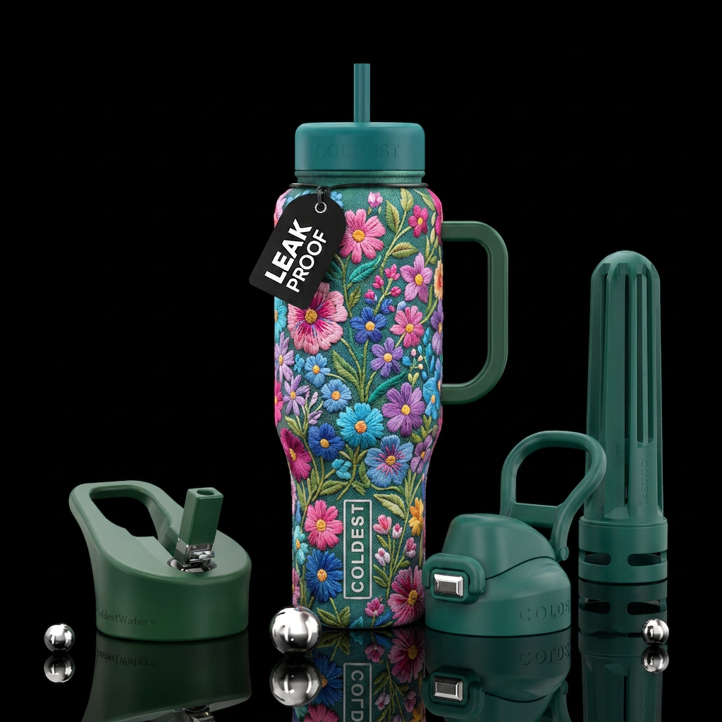Embroidered wild flowers in a quilt pattern water bottle design