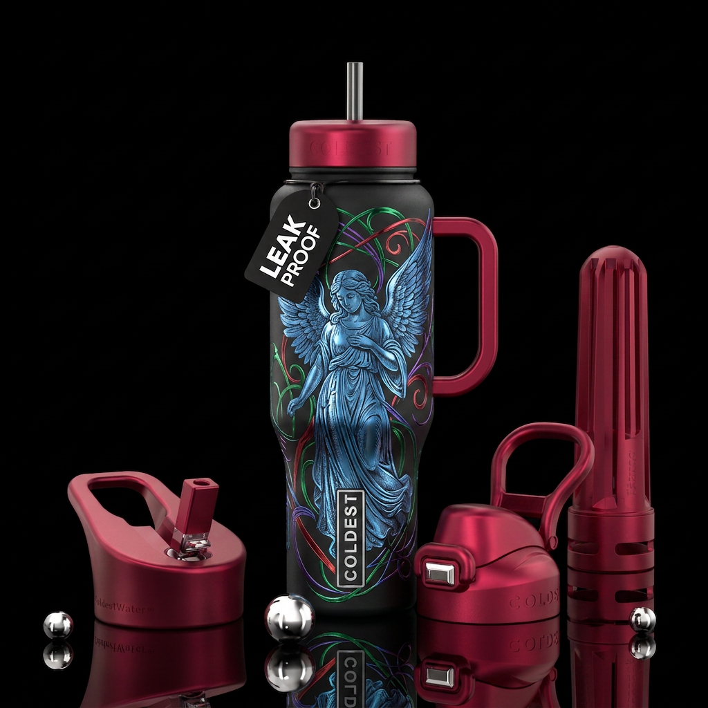 Metalic sketched angel water bottle design