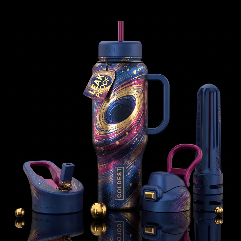 Metalic sketched textured black hole water bottle design