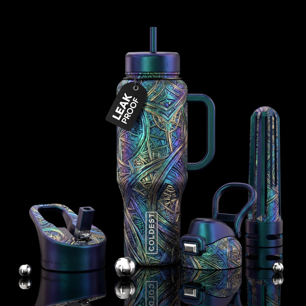 Metalic sketched textured fractals water bottle design