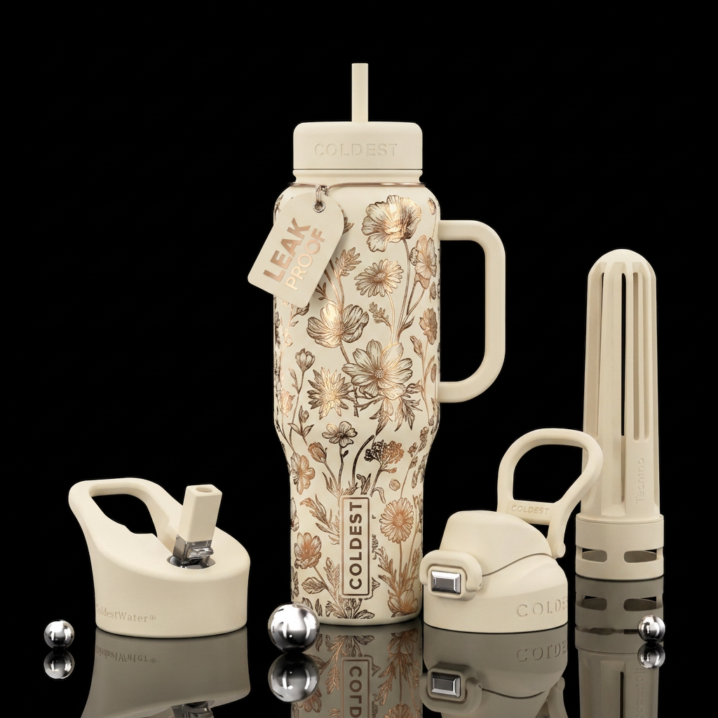 Matte cream colored background with metalic neutra... water bottle design