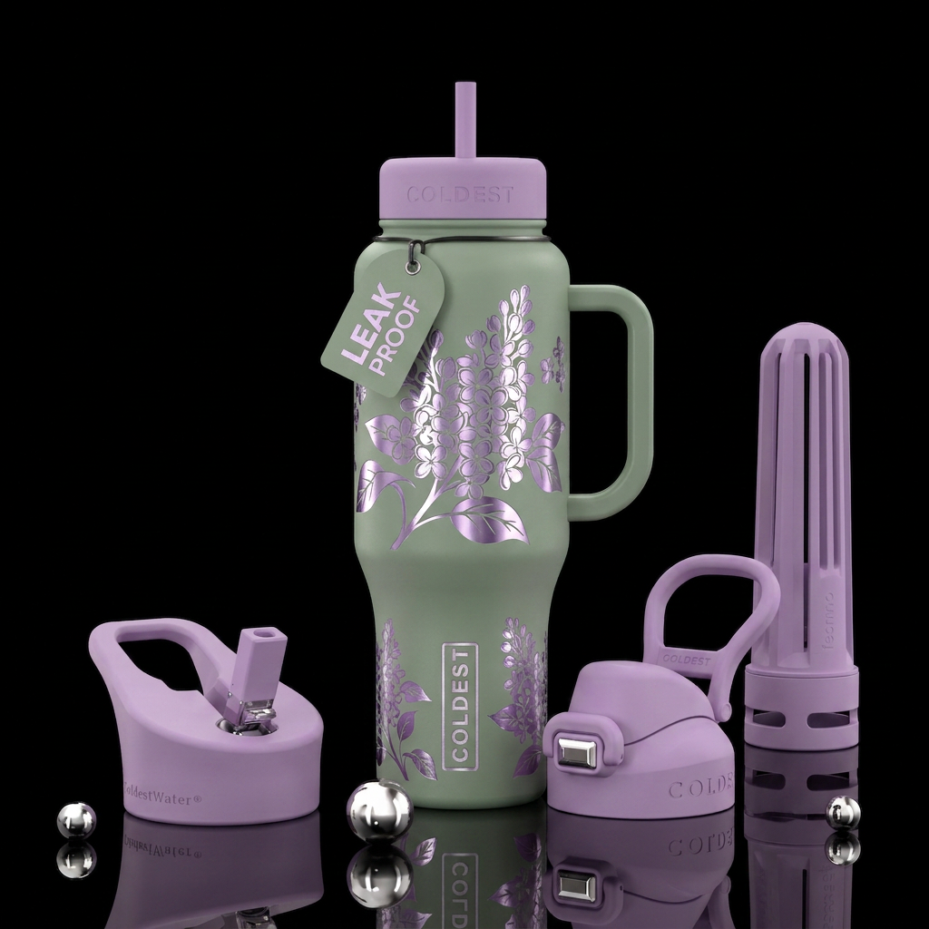 Matte sage colored background with metalic etched ... water bottle design