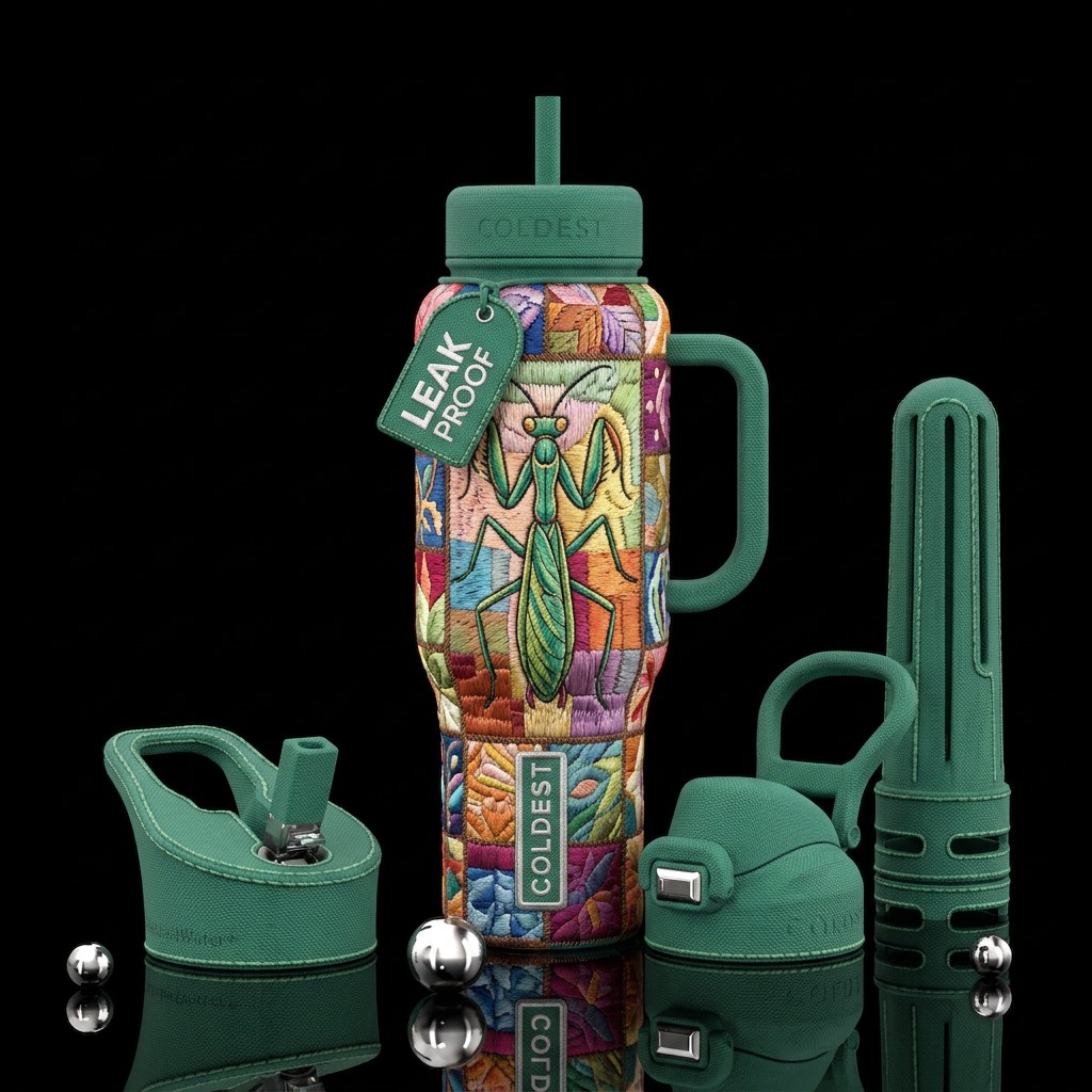 Embroidered praying mantis in quilt pattern water bottle design