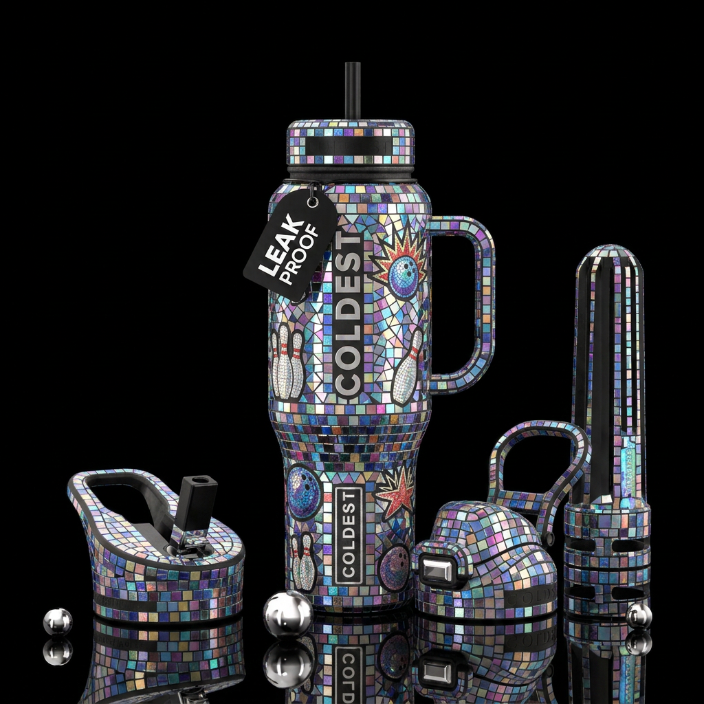 Mosaic disco ball bowling water bottle design