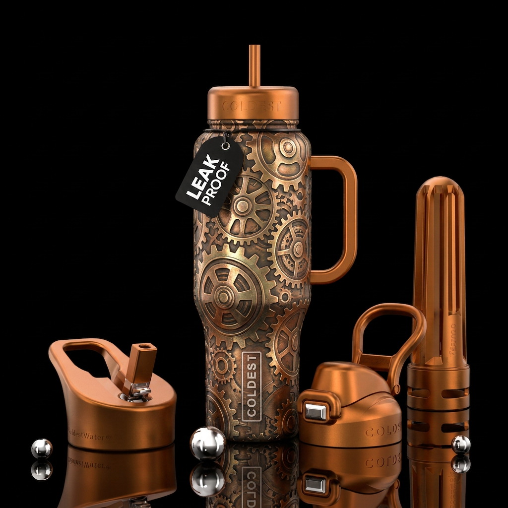 Metalic etched cogs water bottle design