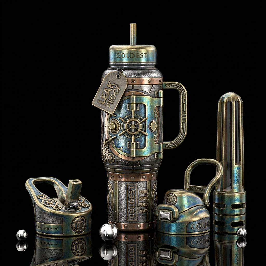 Metalic etched bank vault water bottle design