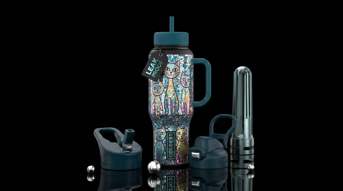 Disco ball mosaic cats water bottle design